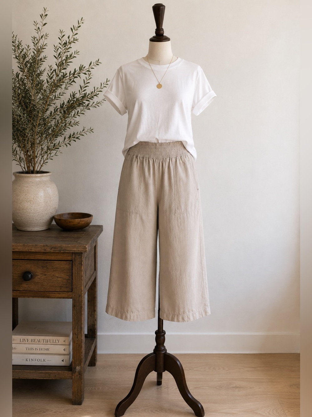 Wide Leg Cropped Tencel Pants Beige Pull On Coastal Minimalist Size Small